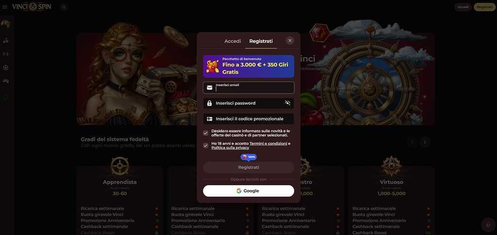 Registrazione al Casinò VinciSpin